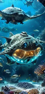 Futuristic submarine in vibrant ocean scene with colorful marine life.