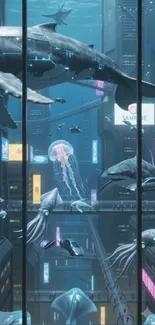 Futuristic underwater cityscape with whales and neon lights.