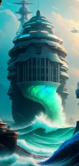 Futuristic cityscape with ocean waves and towering ships against a teal backdrop.