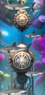 Futuristic underwater wallpaper with sharks and vibrant flowers.