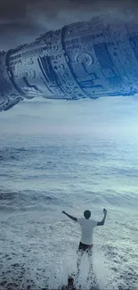 Surreal ocean scene with futuristic spaceship hovering above.