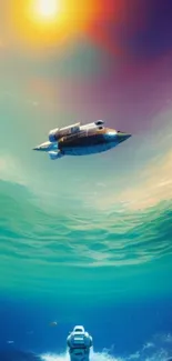 Futuristic spaceship over a vibrant ocean with sunlight in the sky.