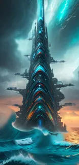 Futuristic tower with neon lights and ocean waves under stormy skies.