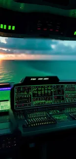 Futuristic cockpit overlooking ocean at sunset with a tech display.