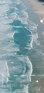 Futuristic ocean waves with digital overlays.