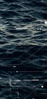 Futuristic dark ocean waves with digital patterns on mobile wallpaper.