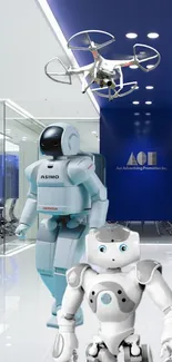 Futuristic office with humanoid robots and a drone.