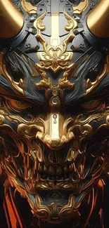 Futuristic oni mask with gold accents, mobile wallpaper.