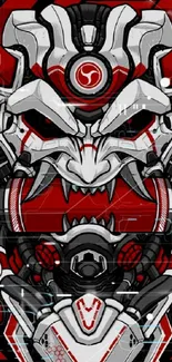 Futuristic Oni mask with red, black, and white design.