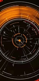 Futuristic orange and black circular pattern wallpaper.