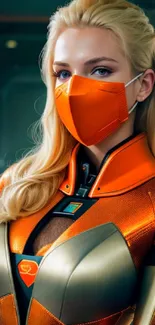 Futuristic hero in orange armor, sleek and modern phone wallpaper.