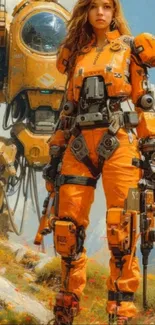 Futuristic orange suit and mech on a dynamic sci-fi wallpaper.