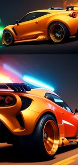 Futuristic orange sports car with neon lights and dynamic motion.