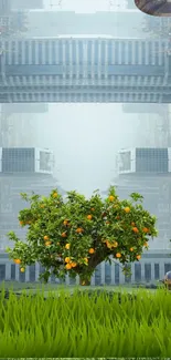 Futuristic cityscape wallpaper featuring an orange tree.