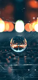 Futuristic mobile wallpaper featuring a reflective orb and blurred city lights.