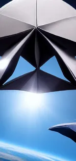 Futuristic origami shapes float in a sunlit cosmic background.