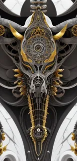 Futuristic abstract mobile wallpaper with intricate gold and silver design.