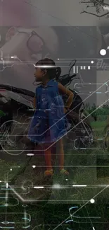 Futuristic overlay with child and motorcycle.