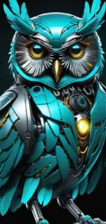 Futuristic teal cyber owl with metallic design elements.