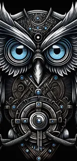 Futuristic mechanical owl illustration on black background.