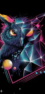 Futuristic owl with neon geometric design on a black background.