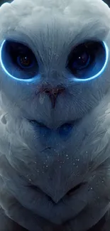 Futuristic owl with glowing blue eyes in a digital art style wallpaper.