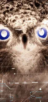 Futuristic owl wallpaper with blue eyes and digital design.