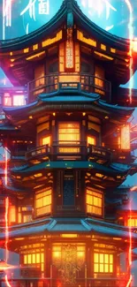 Futuristic pagoda with neon blue and warm lights in a forest setting.