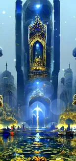 Fantasy palace with futuristic design and vibrant colors in digital artwork.