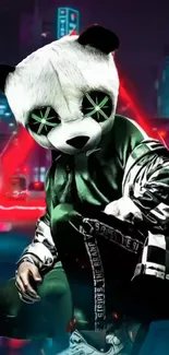 Futuristic panda in neon-lit cyberpunk setting.