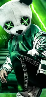 Futuristic panda with neon green effects on mobile wallpaper.