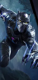 Futuristic panther character in sleek armor against a dark background.