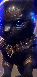 Futuristic armored panther cub with glowing blue eyes on a mobile wallpaper.