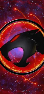 Fierce black panther emblem with cosmic red and blue background.