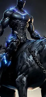 Black armored figure riding a panther with electric blue highlights.