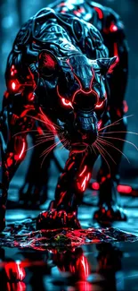 Futuristic black panther with neon red lights in a digital forest setting.