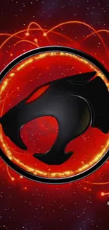 Futuristic panther emblem on red cosmic background.