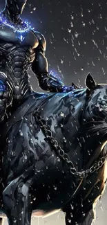 Futuristic warrior riding a panther in rain.