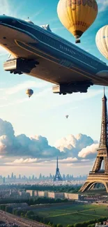 Futuristic airship and balloons over Paris skyline.