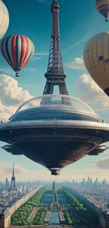 Futuristic Eiffel Tower with flying saucer and hot air balloons over Paris.