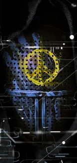 Futuristic wallpaper with yellow peace symbol on a digital background.