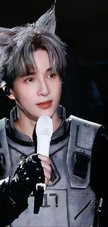 Futuristic performer with silver hair and armor, holding a microphone.