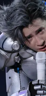 Futuristic performer in metallic armor holding a microphone.