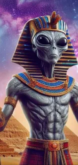 Alien pharaoh stands amidst pyramids in cosmic artwork.