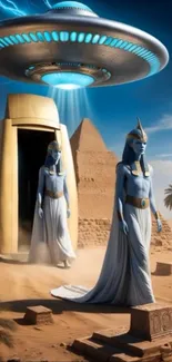 Aliens as pharaohs with UFO in desert.