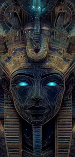 Futuristic pharaoh with glowing eyes in digital artwork.