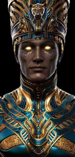 Futuristic pharaoh in gold and azure on a black background.