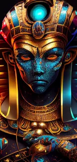 Futuristic Egyptian pharaoh wallpaper in vibrant colors.