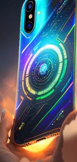 Futuristic phone case with neon cosmic design, held in a hand.