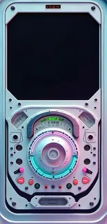 Futuristic phone interface with neon lights.